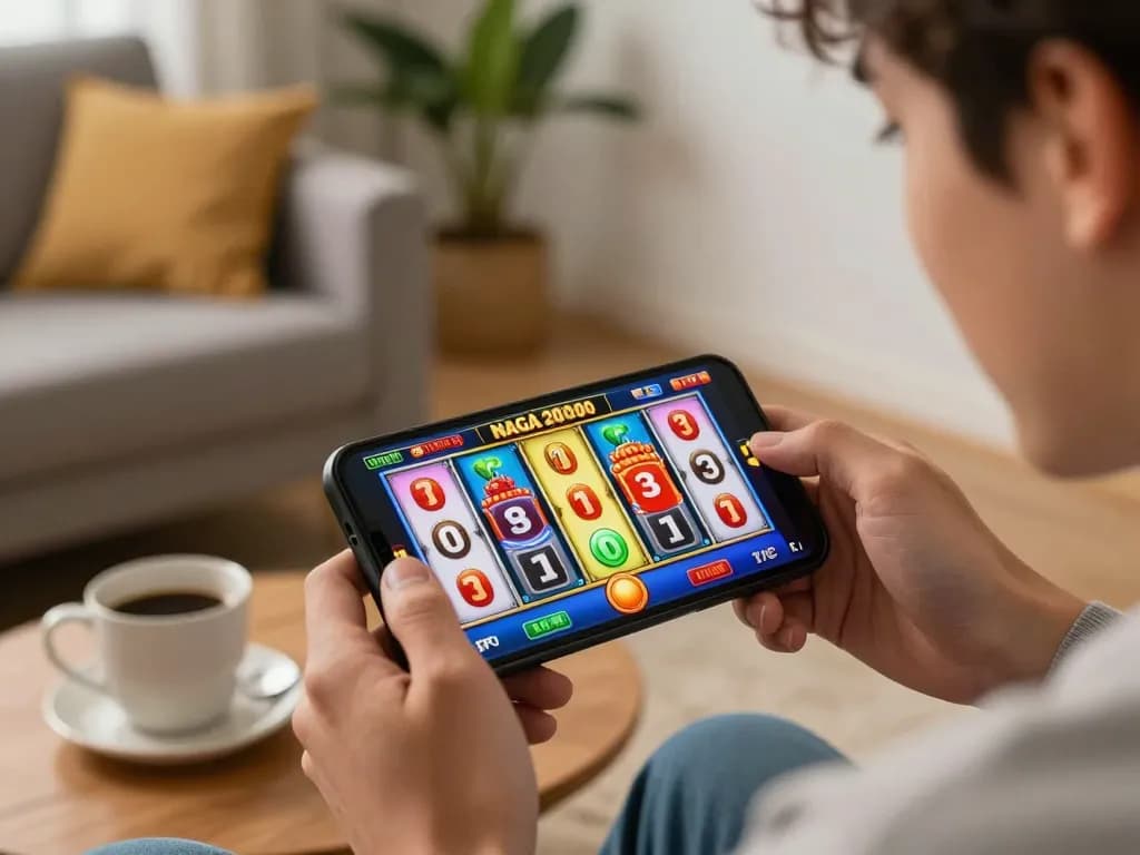 NAGA2000 player enjoying a thrilling moment spinning slots on a smartphone at home