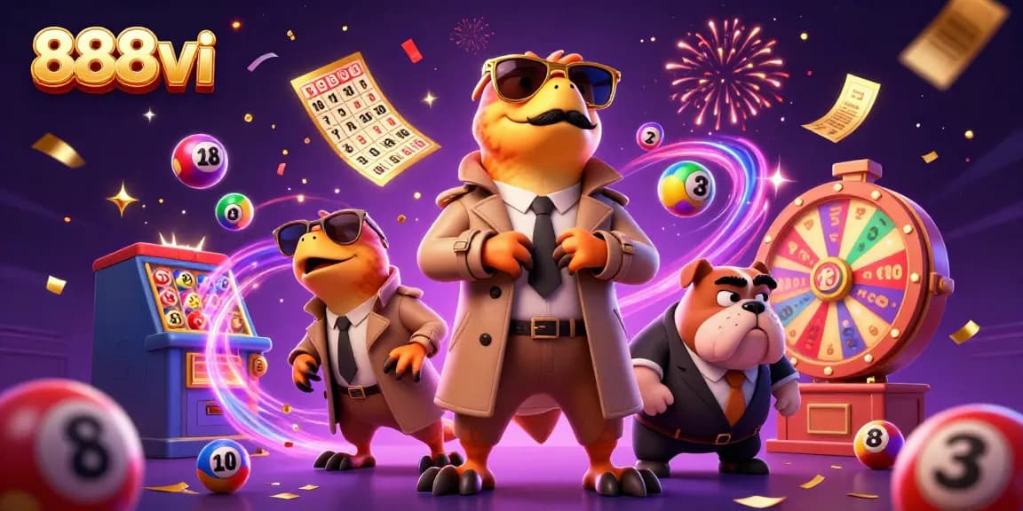 Experience the excitement of 888vi with colorful lottery balls and playful raptors in a casino scene.