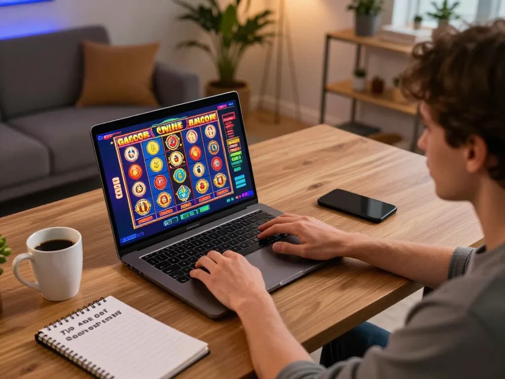 Berpartisipasi dalam permainan slot gacor online dengan laptop di meja rumah yang stylish