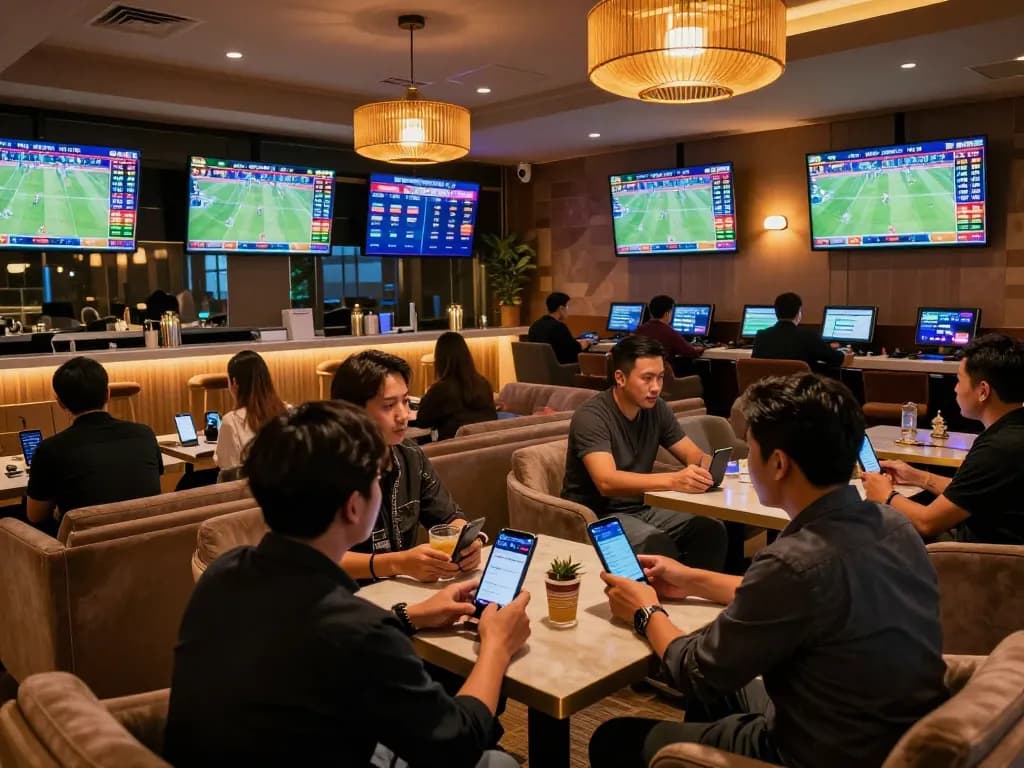 Excited bettors engaging with keonhacai tv at a stylish sports betting lounge full of screens.