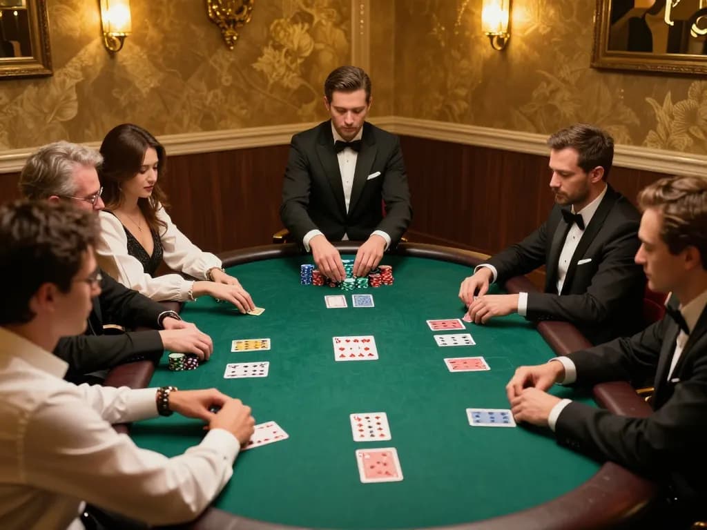 Players strategizing in a high-stakes poker game at a VIP table, sun win atmosphere.