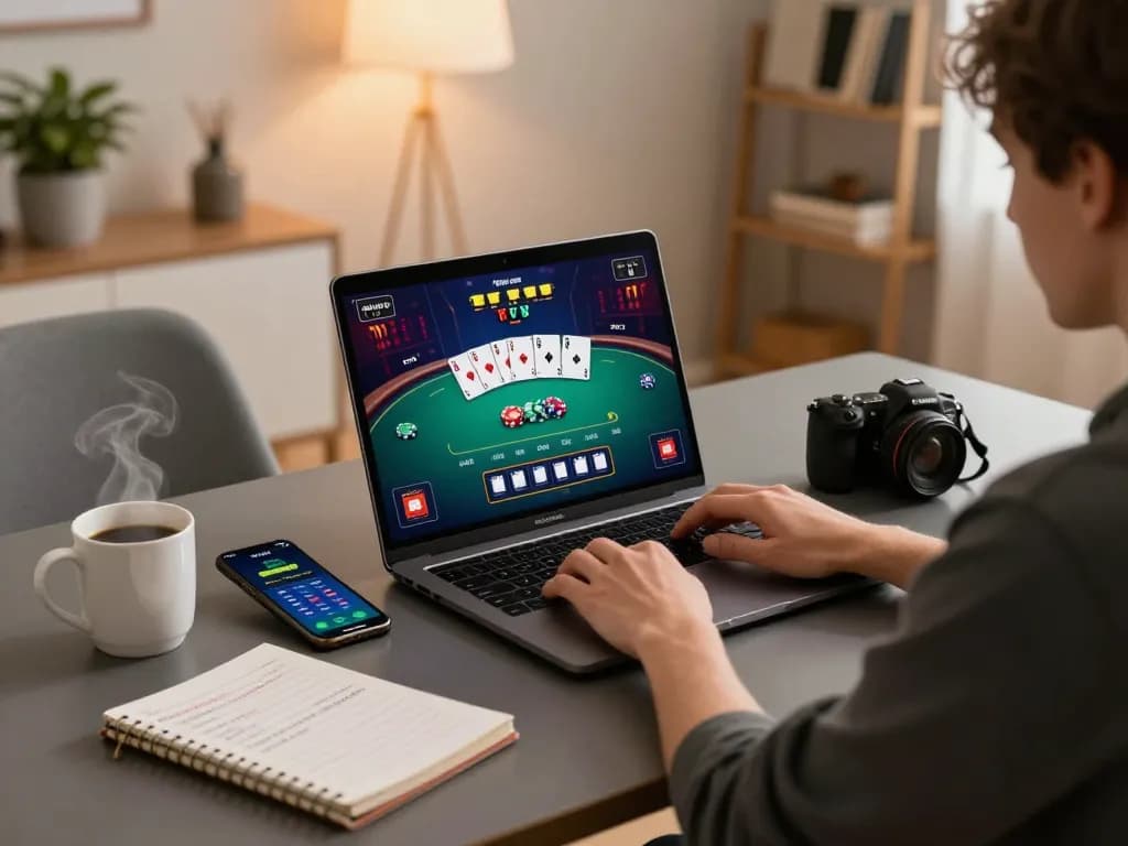 Player engaging in online gambling at home showing KJC poker interface with strategic notes.