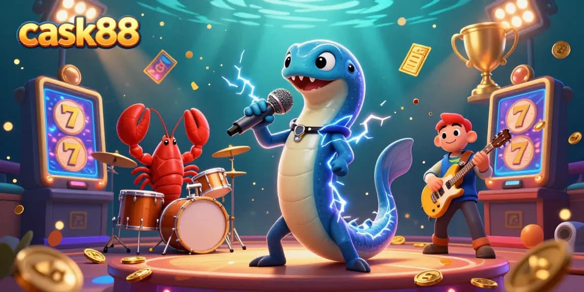 cask88 showcases dynamic slot-themed performance with electric eel DJ, lobster drummer, and seahorse guitarist.