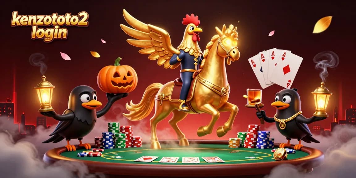 Mengakses kenzototo2 login dengan suasana kasino dinamis dan karakter menarik dalam ilustrasi 3D.