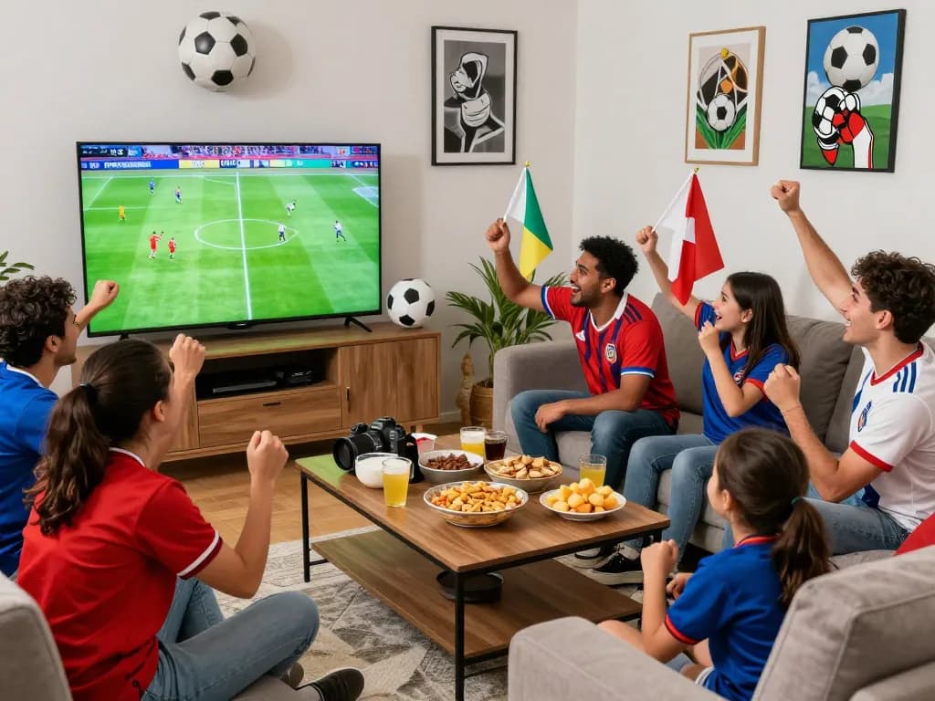 Các fan tận hưởng một trận đấu trên luongson tv trong một ngôi nhà sôi động với đồ ăn nhẹ và áo đấu.