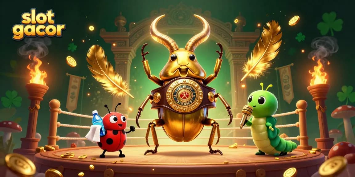 Experience thrilling slot gacor action with a golden stag beetle champion in a vibrant casino scene.
