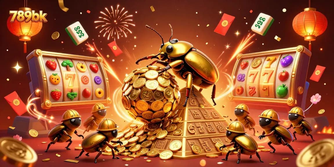 Experience the thrill of 789bk with a cartoon beetle scene full of lively casino symbols and celebration.