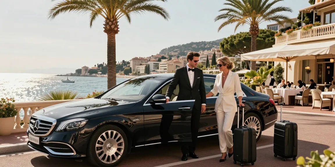 Privet transfer nice Cannes : chauffeur élégant accueillant des clients devant la mer Méditerranée au bord de la Côte d'Azur.