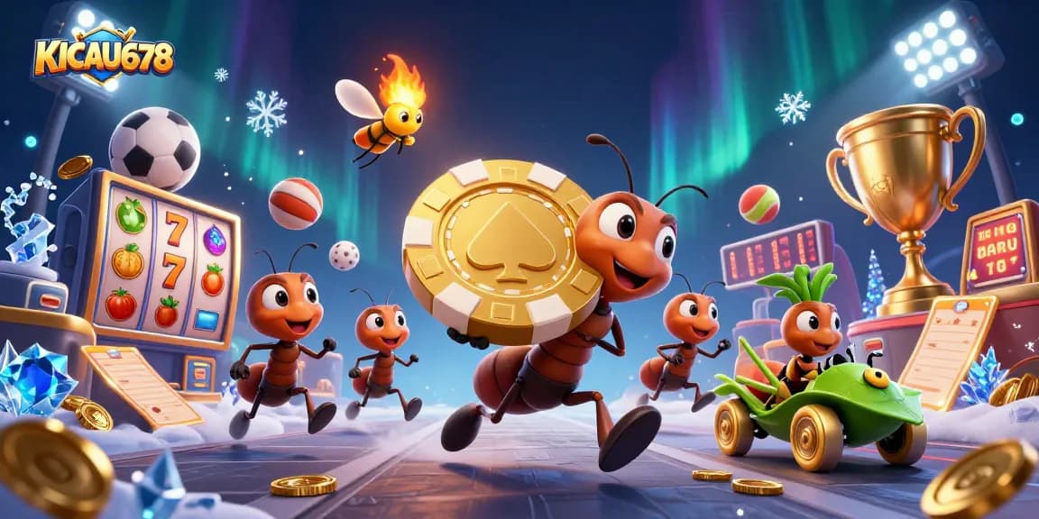KICAU678 showcases a dynamic 3D illustration featuring a heist of ants and thrilling casino elements.