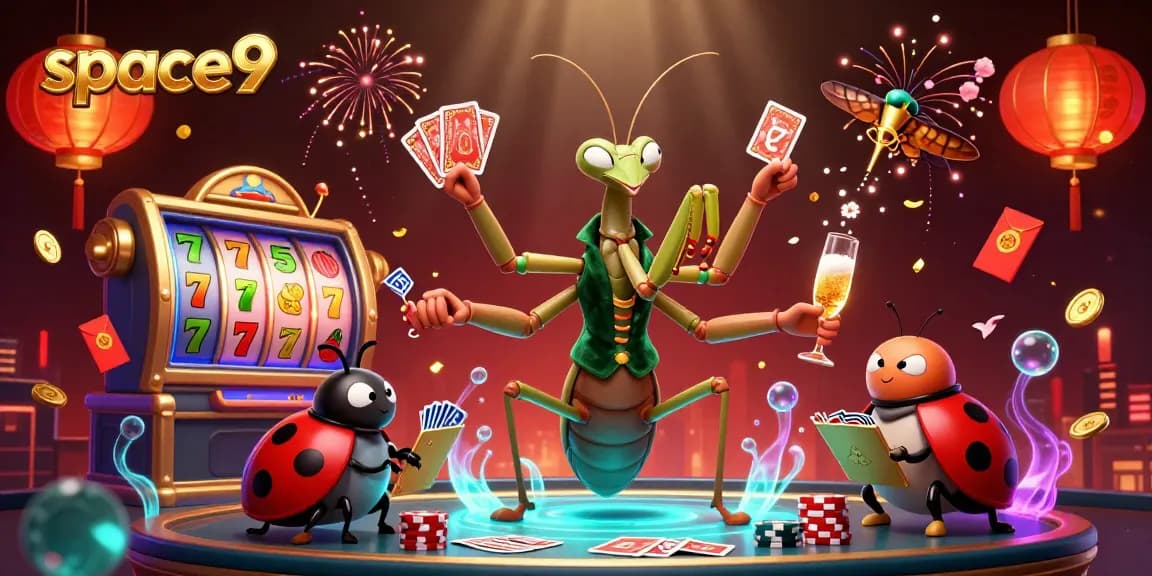 Experience thrilling gameplay at space9 with giant mantis dealers, vibrant slot reels, and festive elements.