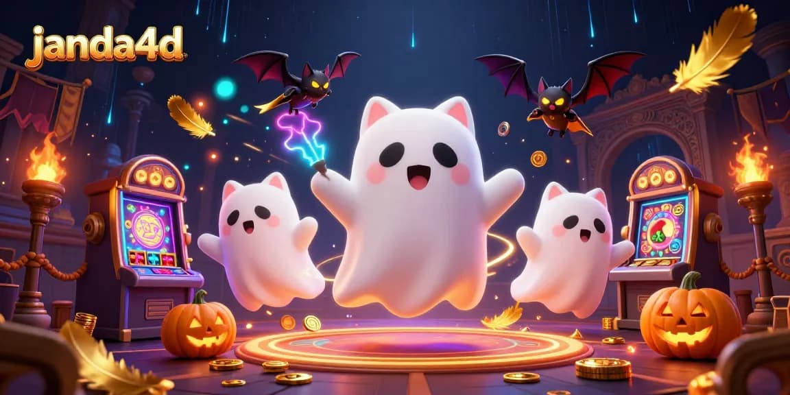 Permainan slot janda4d menunjukkan kucing hantu mengambang di kasino bertema, meraih kemenangan.