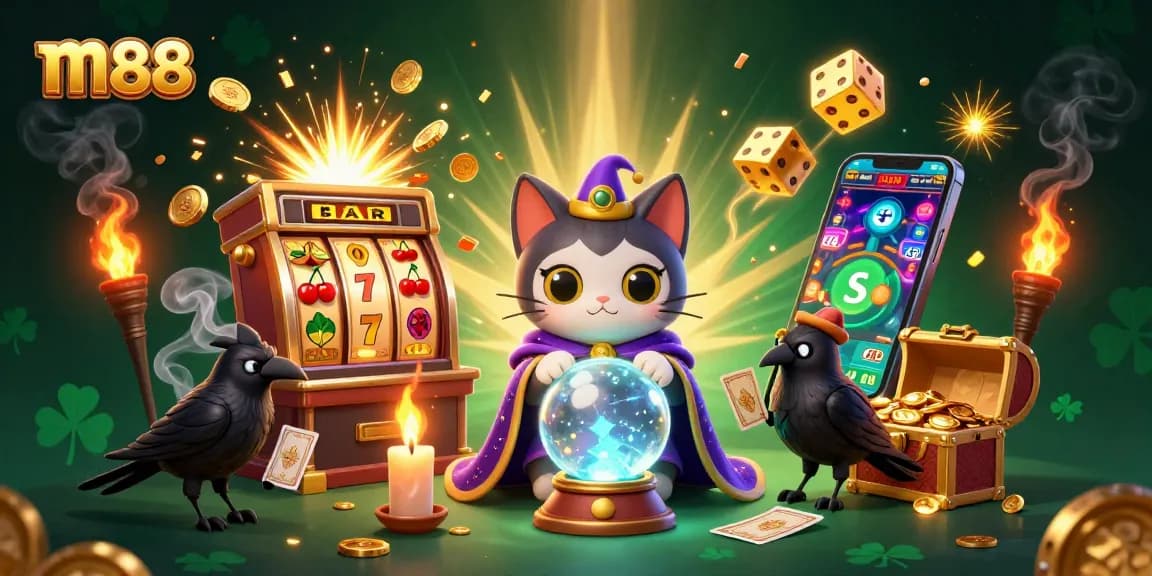 M88 invites players into a vibrant jackpot scene with a mystical cat and a tarot raven amidst dynamic slot game elements.