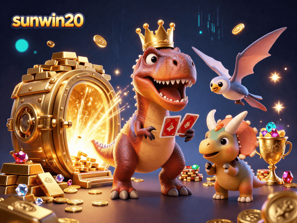 Play exciting card games featuring sunwin20 with a T-Rex, pterodactyl, and triceratops amidst treasures.