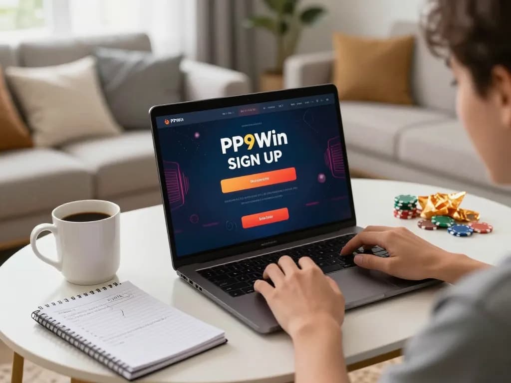 PP9Win Sign up screen displayed on laptop during an online gaming session, showcasing a cozy home atmosphere.