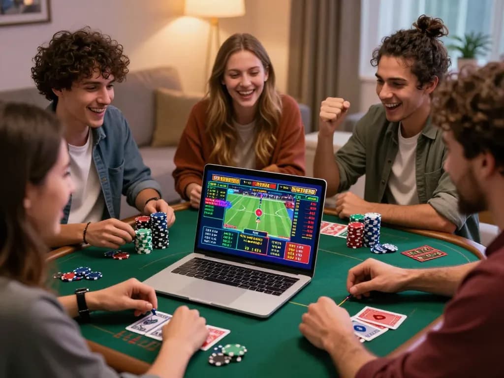 Cá cược Five88 - Friends enjoying live betting experience at home, cheering for their favorite team.