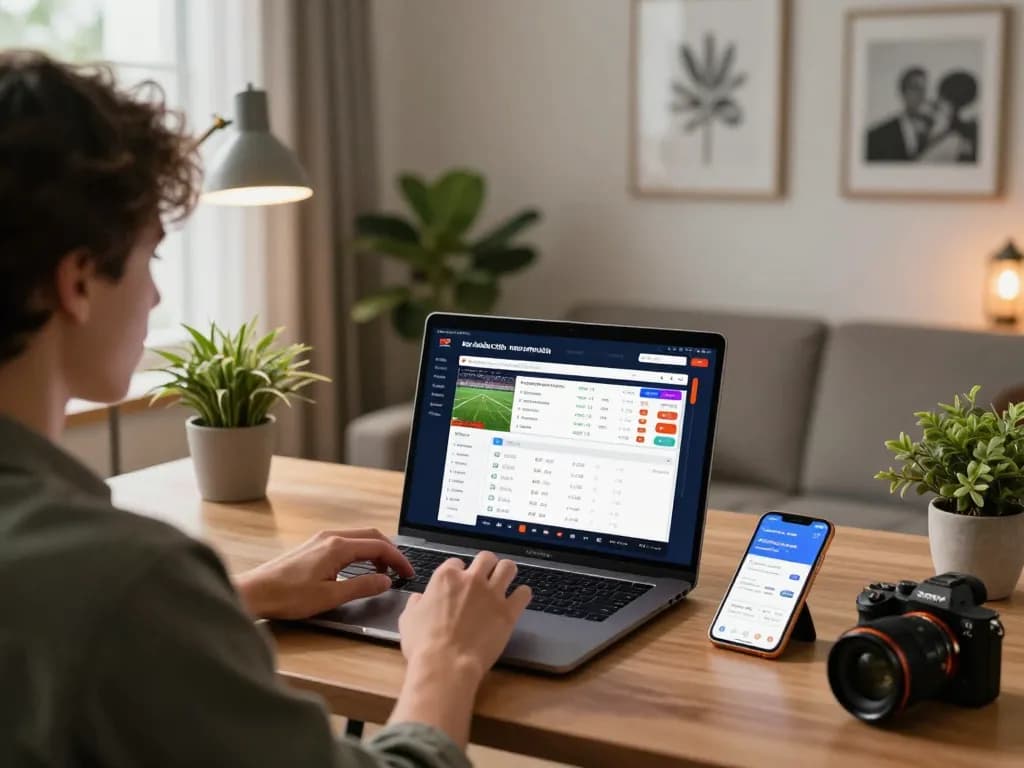 Engaged user placing bets on kèo nhà cái through a laptop at home, showcasing a modern betting environment.