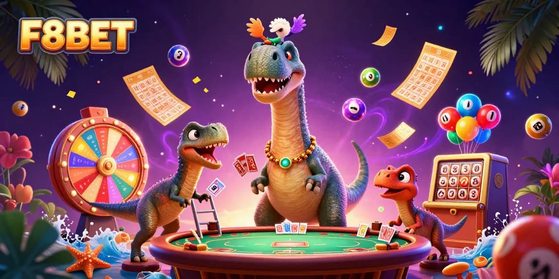 Experience F8BET with a dynamic scene featuring a colossal brontosaurus in a casino, vibrant games, and fun elements.