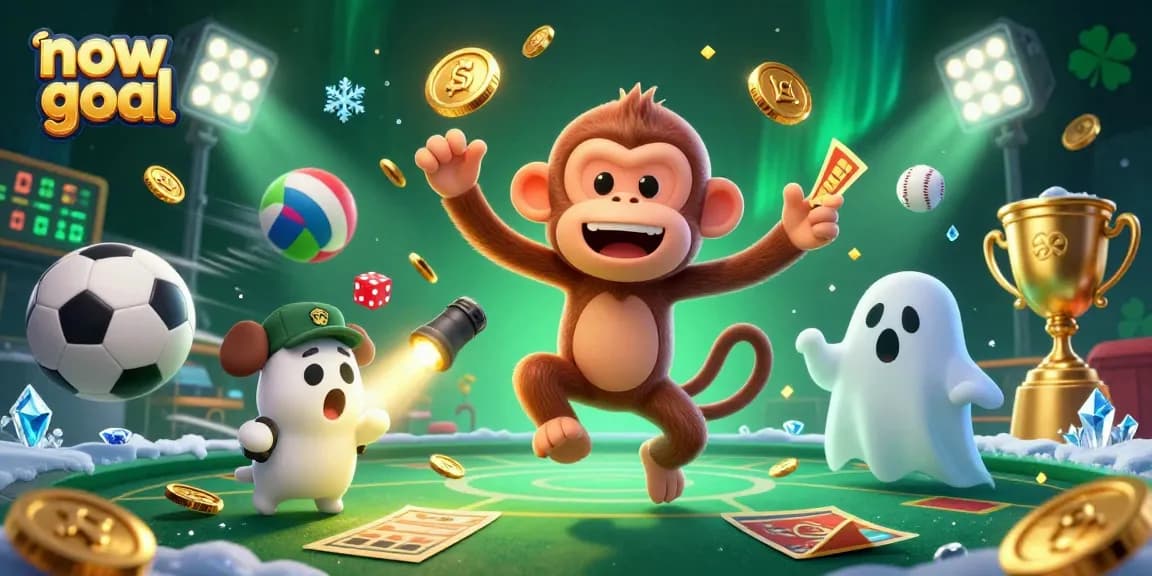 Engage in thrilling sports action with Now Goal as a poltergeist monkey juggles golden coins and sports balls.