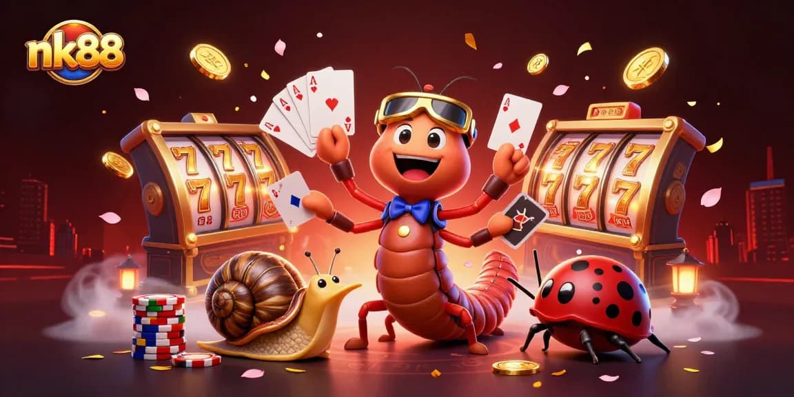 Experience thrilling wins at nk88 with a vibrant 3D casino scene featuring unique characters and slot games.