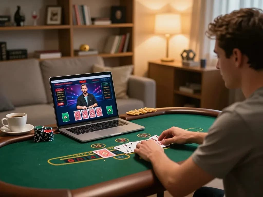 Người dùng LUCK8 đang tận hưởng trò chơi blackjack với dealer trực tiếp tại nhà, thể hiện lối chơi chiến lược và không gian thoải mái.