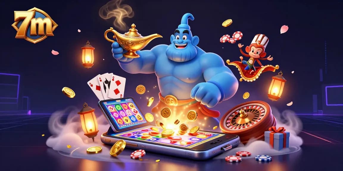 Engage with the dynamic 7m casino experience featuring a genie and poker chips flying around.