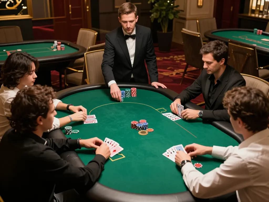 Nohu90 players engaging in competitive poker at a stylish table, showcasing strategy and excitement.