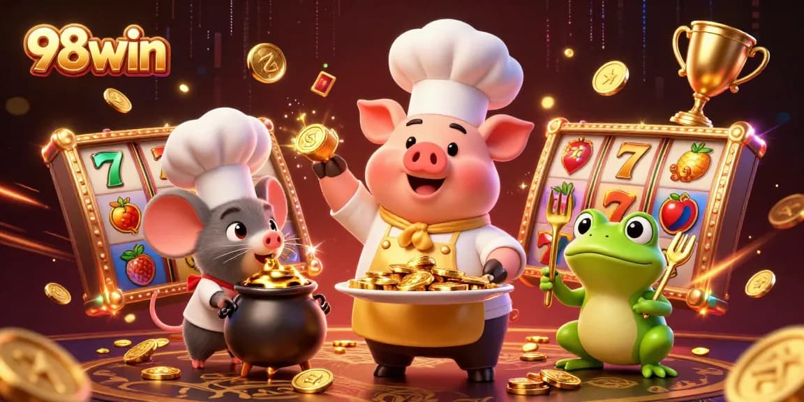 Experience thrilling slots action with 98win's captivating gold-themed illustration.