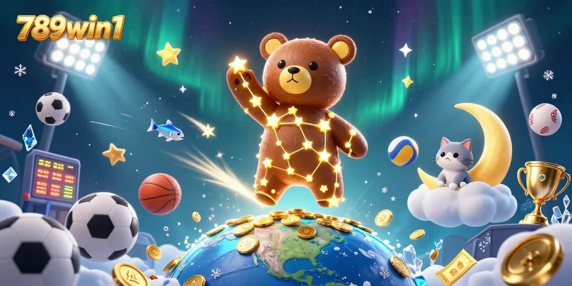 Engage with 789win1's exciting betting atmosphere, showcasing golden-star characters and dynamic sports elements.