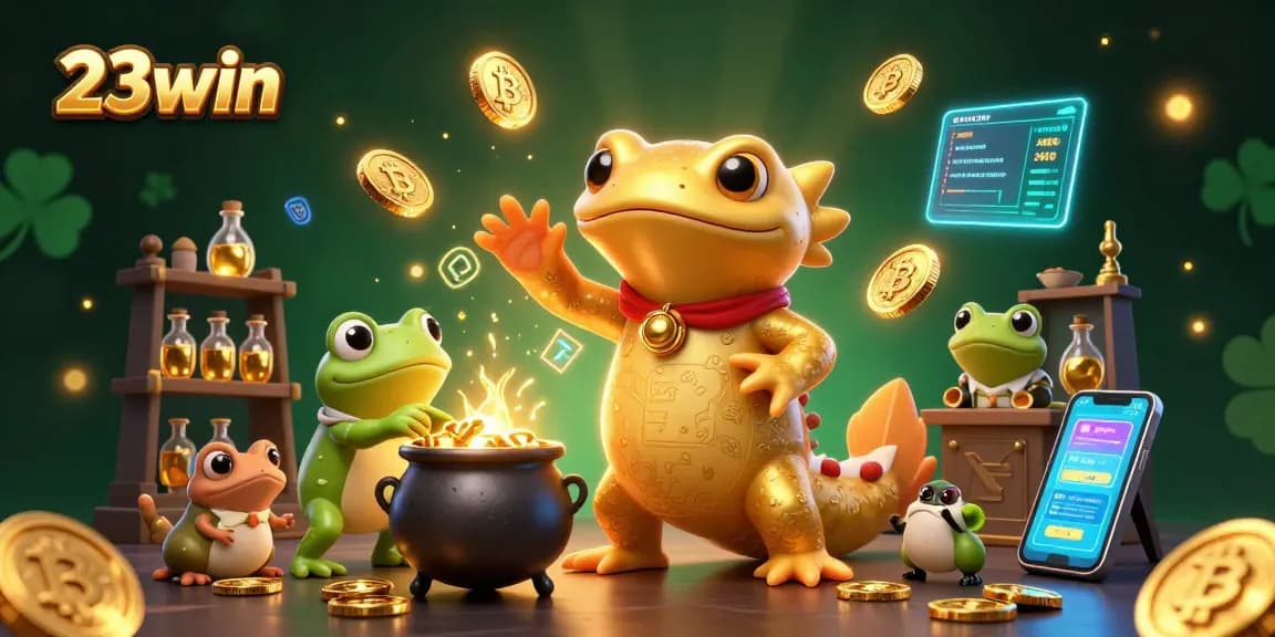 Experience 23win's dynamic 3D scene with golden coins and crypto elements, showcasing vibrant casino energy.