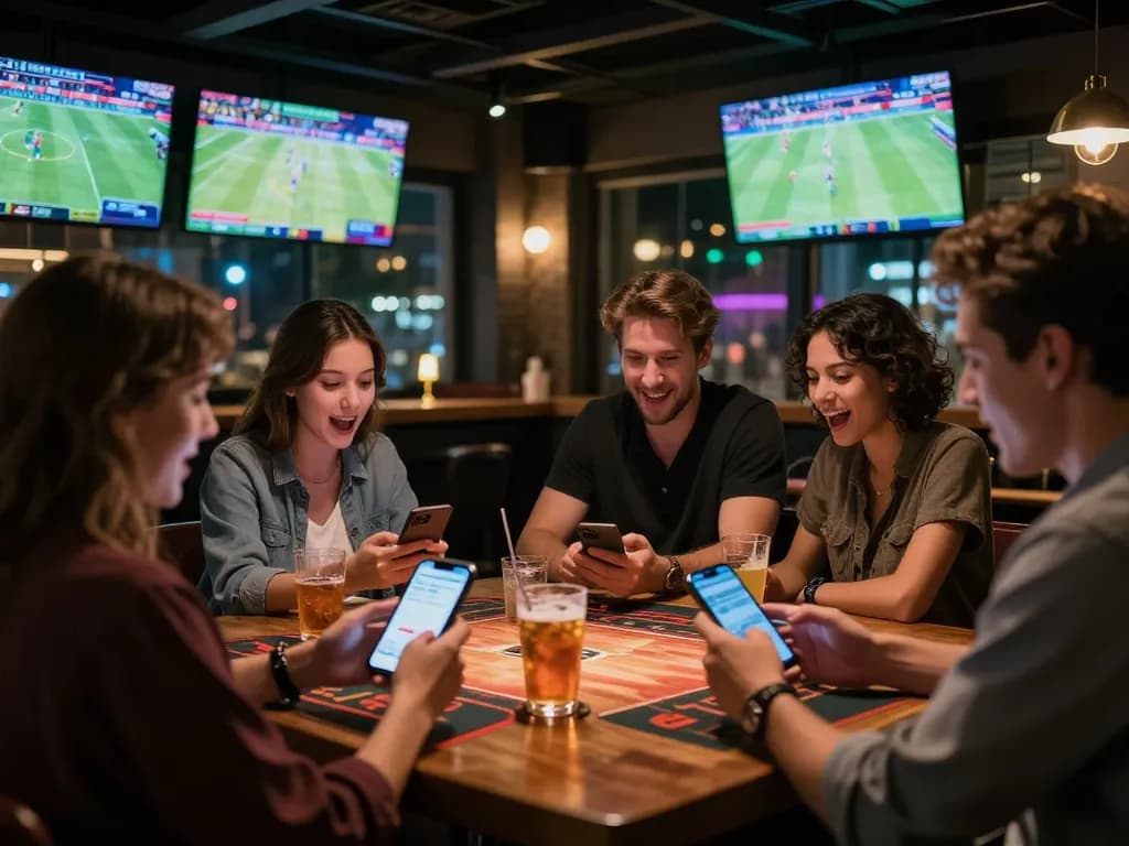Friends placing sports bets on their smartphones at a lively bar while enjoying the excitement of the game, qq8827.