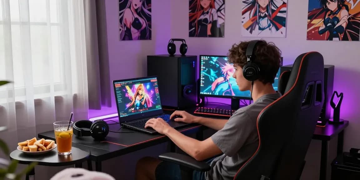 Engaged player enjoying hentai games online in a colorful gaming room with LED lights.