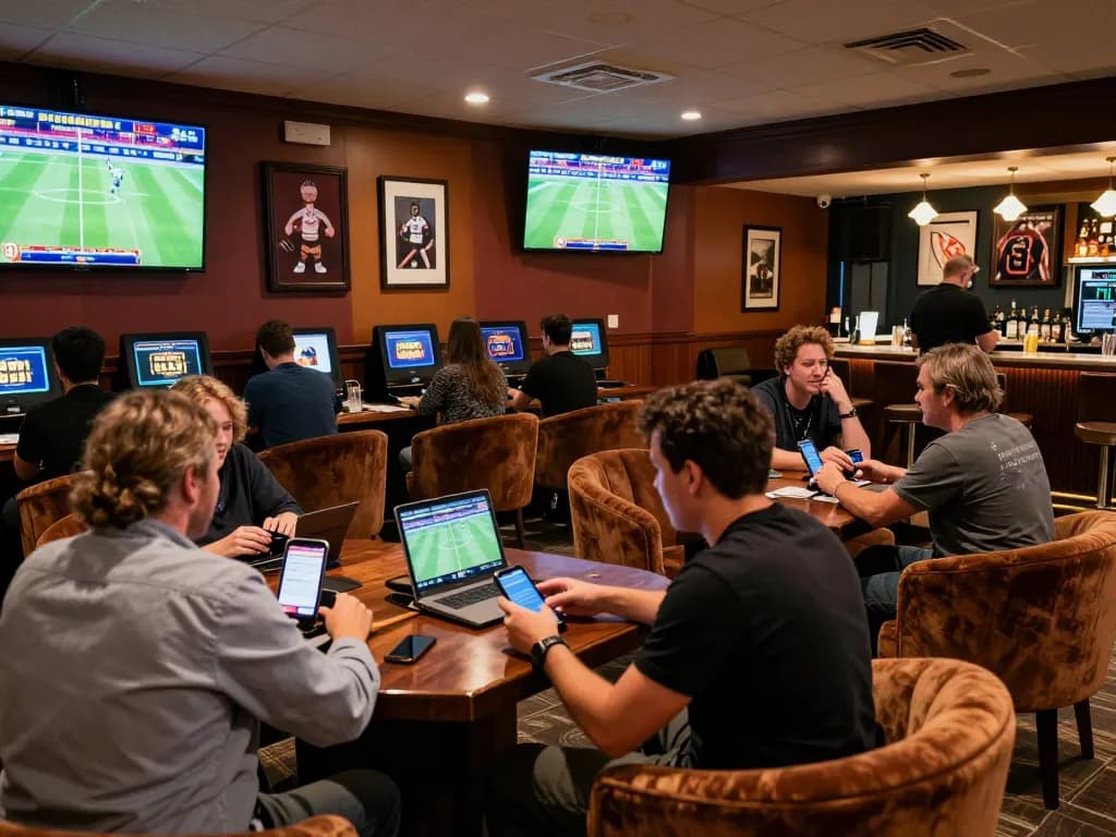 Excited bettors engaging with keonhacai in a vibrant sports betting lounge, placing wagers.