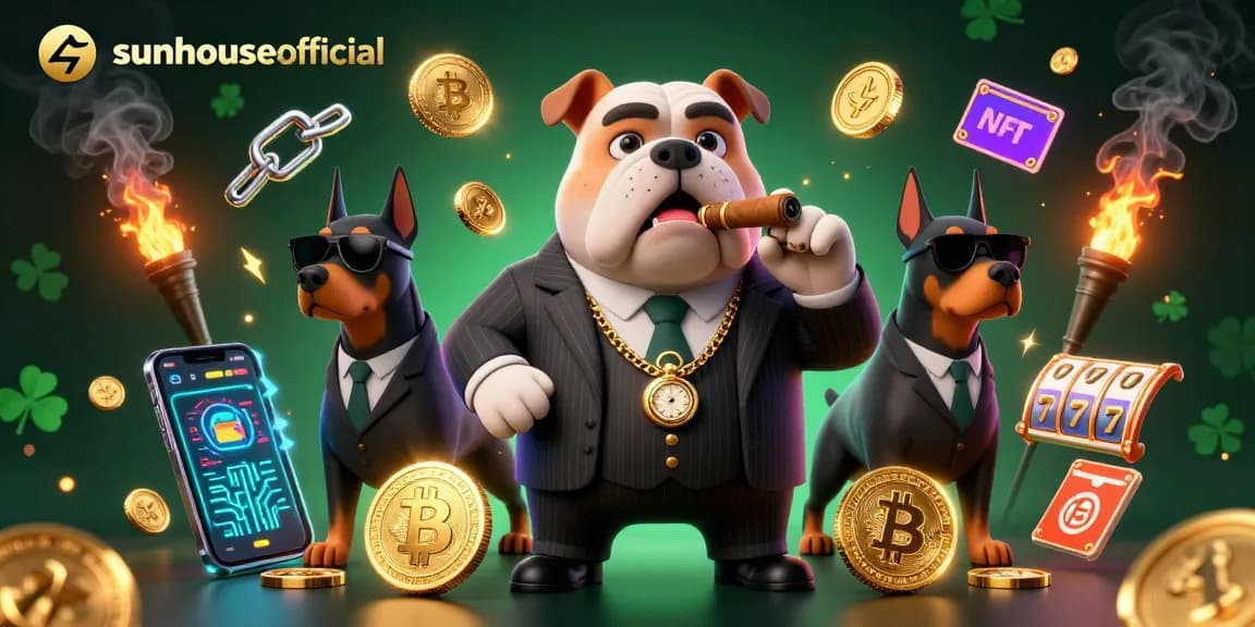 Engage with sunhouseofficial's thrilling gaming experience featuring a mafia bulldog and slot elements.