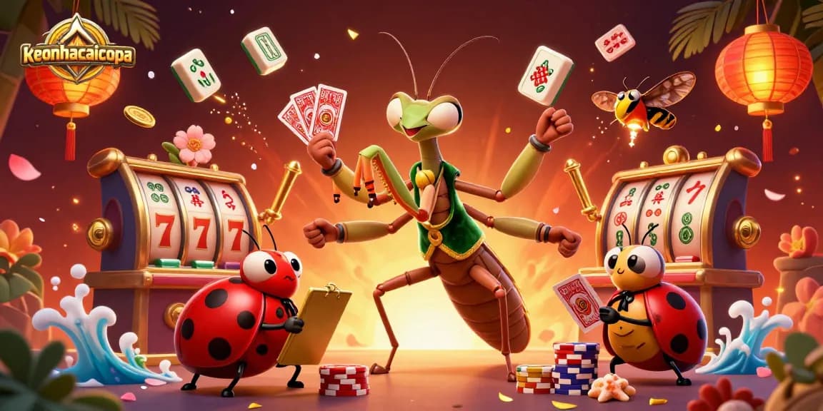Engage in thrilling gameplay with keonhacaicopa showcasing vibrant characters amid dynamic slot machines and festive casino decor.