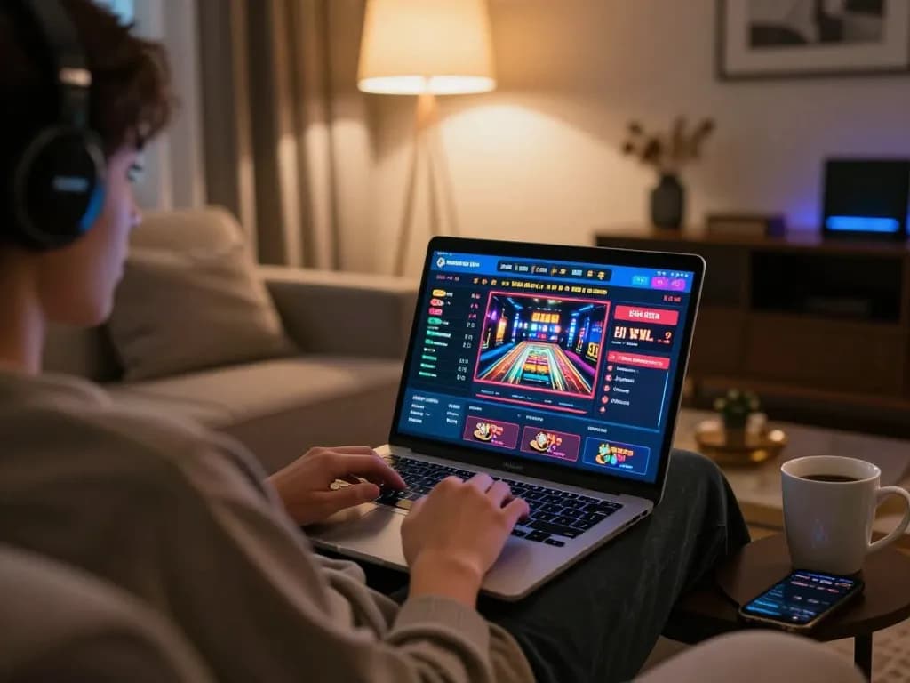 Interagir avec un casino en ligne qui paye rapidement en utilisant un ordinateur portable dans un cadre chaleureux à la maison