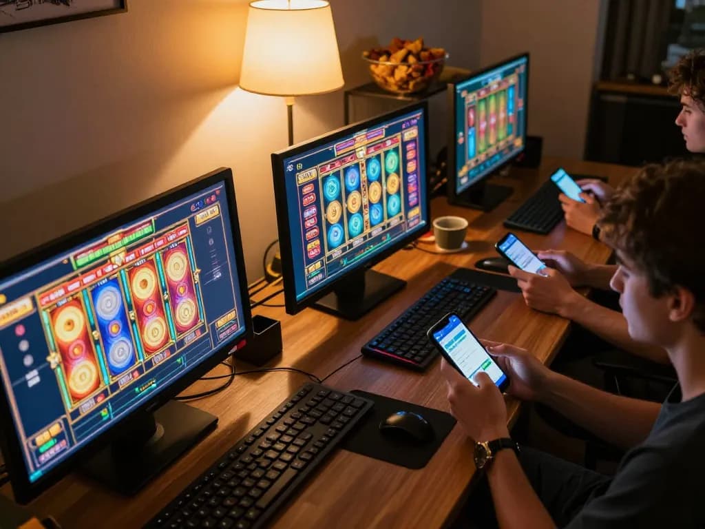 Engaging with situs slot games on multiple screens, showcasing vibrant visuals and strategic play.