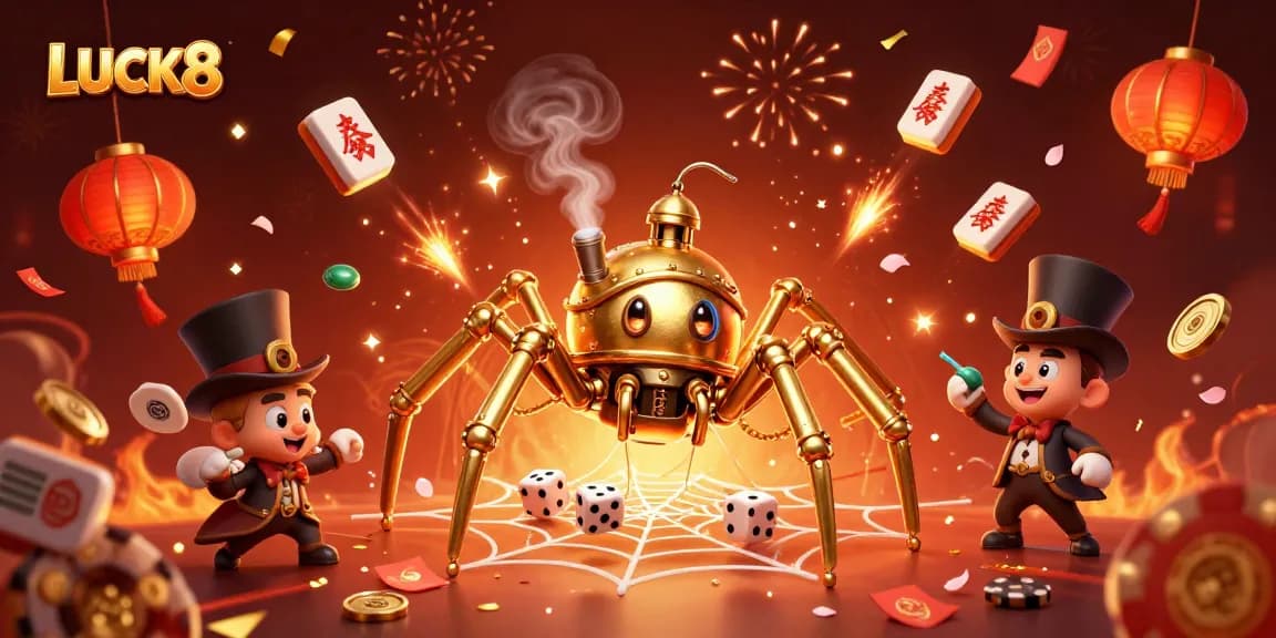 LUCK8 captures excitement with a vibrant illustration of a golden spider and Victorian fly amidst festive gambling elements.
