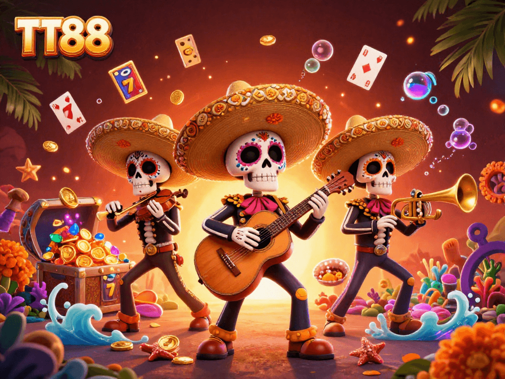 Engage with TT88's vibrant casino atmosphere featuring a dynamic mariachis scene with slot elements.