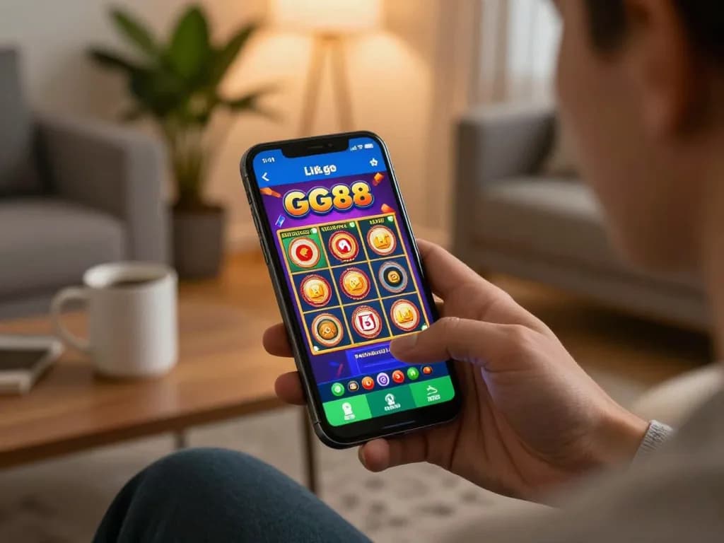 Playing games via the GG88 slot Link app on a smartphone in a cozy home setting.