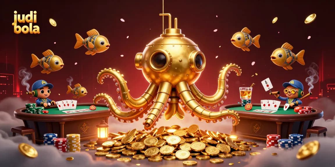 Bet on judi bola with captivating golden kraken submarine amidst poker elements and coins.