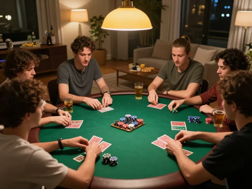 B52 Club poker night with enthusiastic players engaging at a green felt table