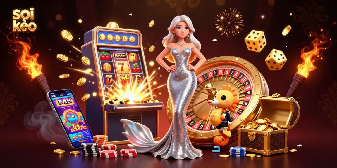 Soi kèo sports betting illustration featuring a stunning woman with a golden roulette wheel and gaming elements.