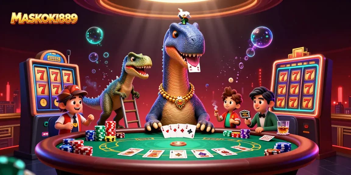 Engage with MASKOKI889's vibrant casino scene featuring a brontosaurus and dynamic slot elements