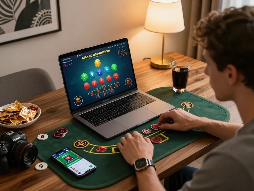 Engaging online blackjack strategy session on 98win with home decor and laptop gameplay