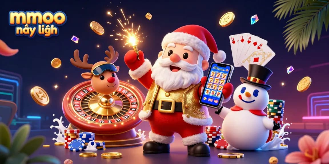 Spin slots with mmoo mới nhất, featuring Santa and reindeer in a vibrant casino scene.
