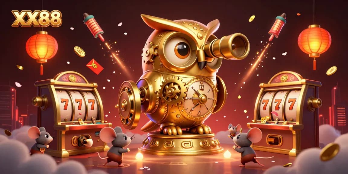 Engage in thrilling gameplay at XX88 with a vibrant, animated casino scene featuring unique characters and festive elements.