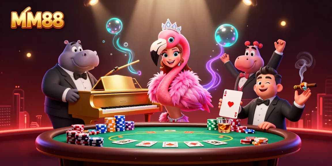 Engage in high-stakes poker at MM88 with a dazzling flamingo lounge singer and hippo bassist.