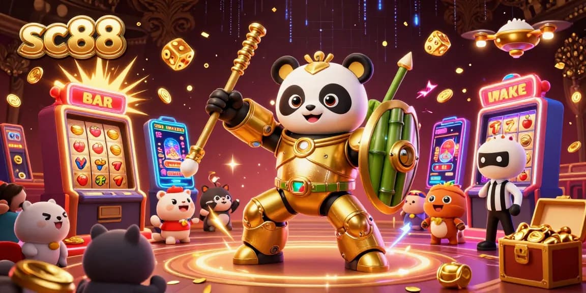 Engaging scene of sc88 gameplay showcasing golden panda in mech-suit with vibrant casino elements.