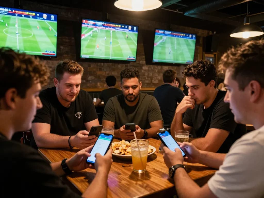 Betting action at keonhacaii sports bar with friends engaging in live game updates.