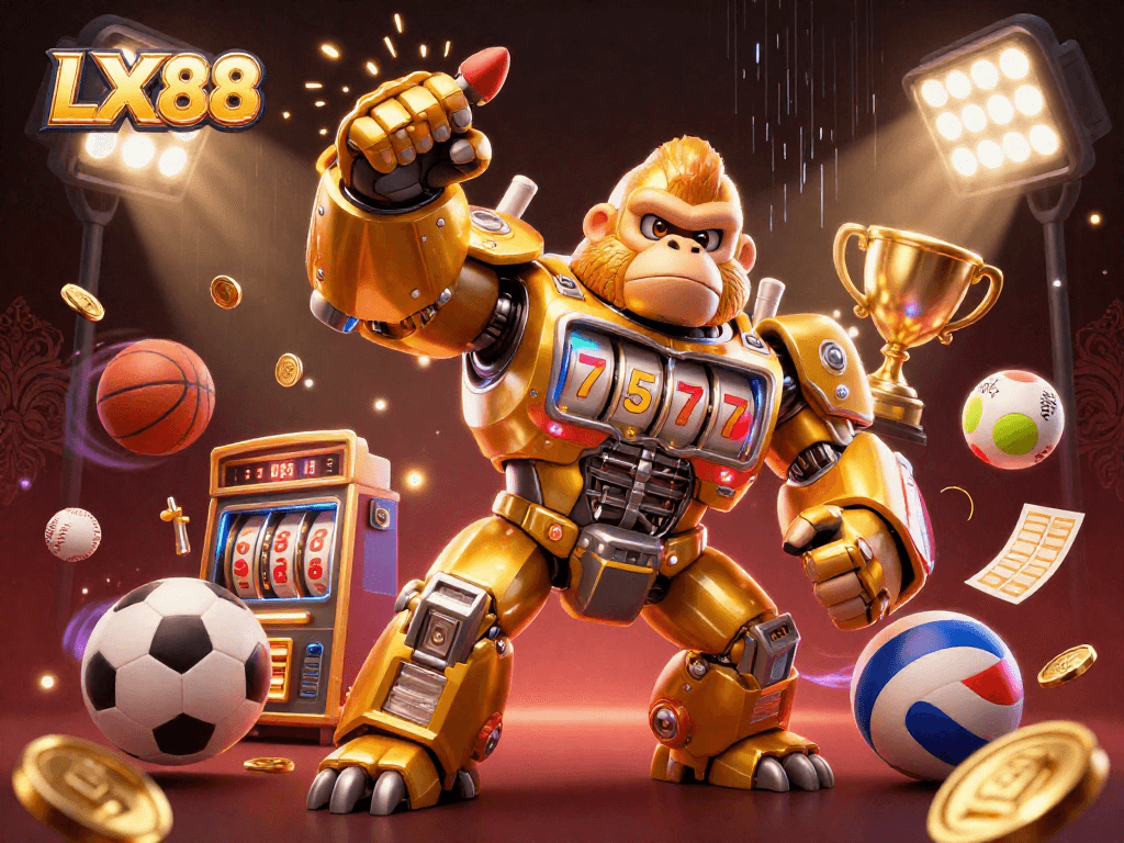 Experience thrilling gaming with LX88's golden gorilla mech punching upward amidst dynamic sports action.
